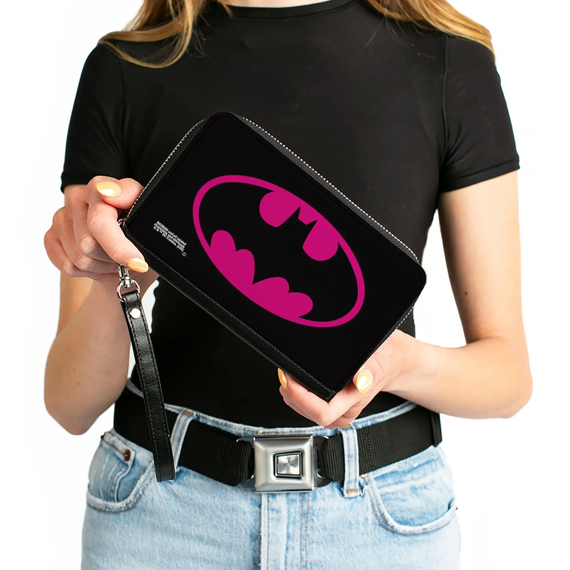 Women's PU Zip Around Wallet Rectangle - Batman Bat Logo Black Fuchsia