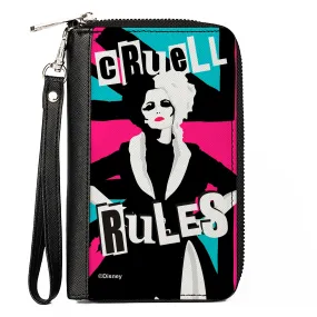 Women's PU Zip Around Wallet Rectangle - Cruella CRUELL RULES Union Jack Pose Blue Pink Black