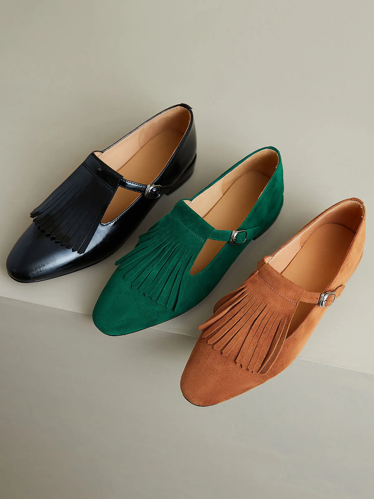 Women's Solid Color Mary Jane Pointed Toe Fringe Leather Boho Flats